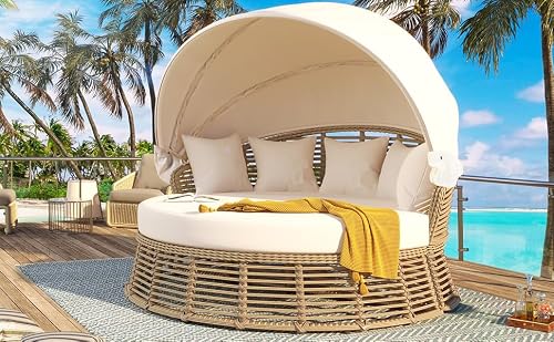 Outdoor Sofa Patio Furniture Set Rattan Round Daybed with Retractable Canopy, Wicker Poolside Sunbed with Removable Cushions for Garden, Backyard, Porch