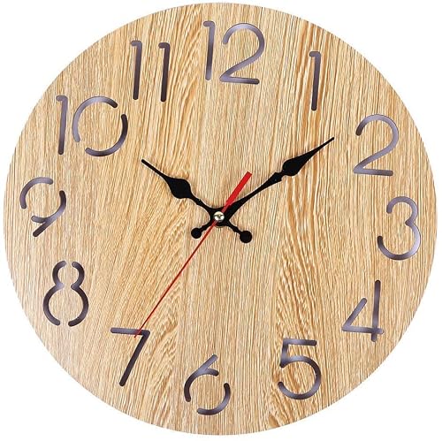Outdoor Wall Clock, Round Digital Wooden Wall Clock, 30 cm Garden Waterproof Wall Clock Decoration, for Patio/Courtyard