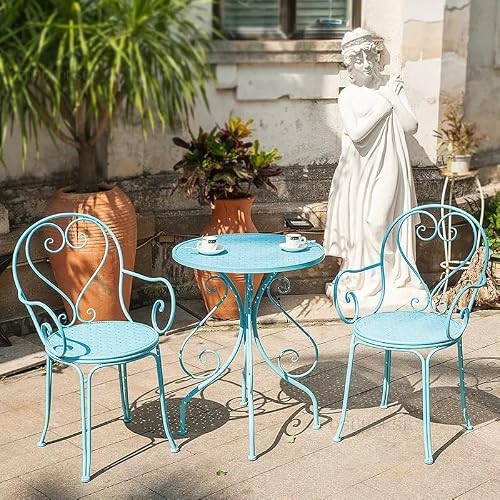 GLigeT Balcony Table and Chair Set Outdoor Courtyard Garden Balcony Table and Chair Set Retro Iron Garden Furniture Sets Coffee Shop Dining Table and Chairs Bistro Table Set (Color : Blue-Set)