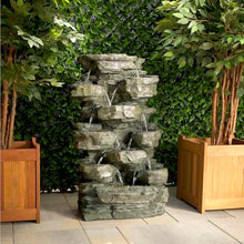 Alpine Corporation WIN930 Outdoor Multitiered Cascading Rock Garden Water Floor Fountain with LED Lights, 39" H, Green