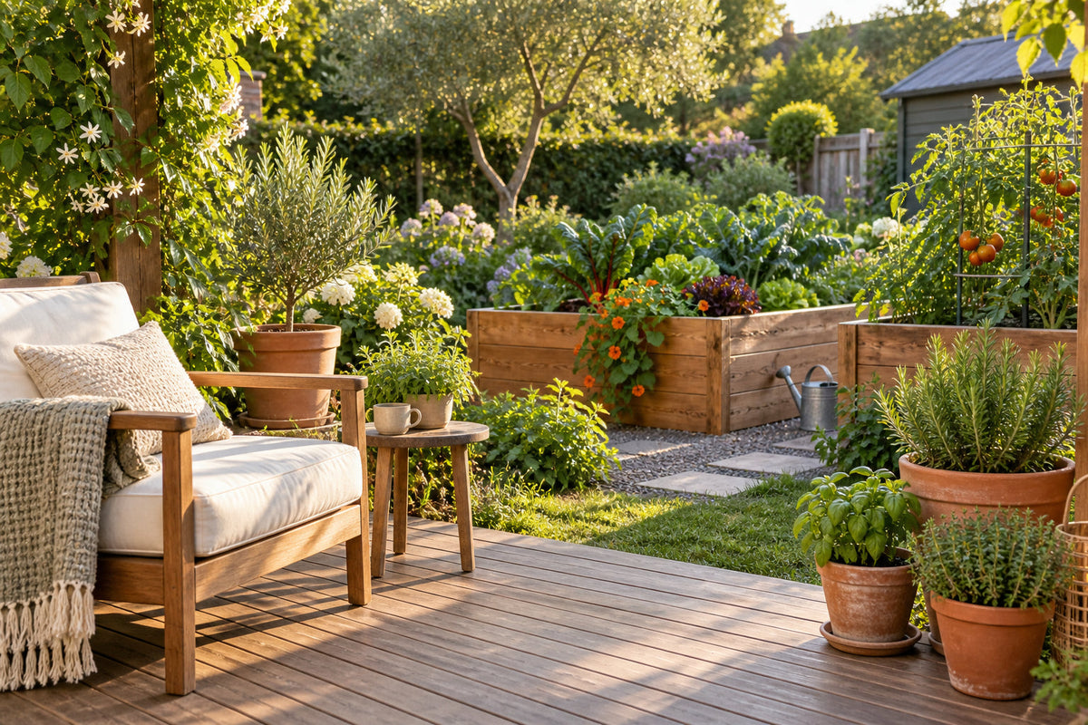 Sunlit timber patio seating beside terracotta herb pots and lush raised vegetable beds